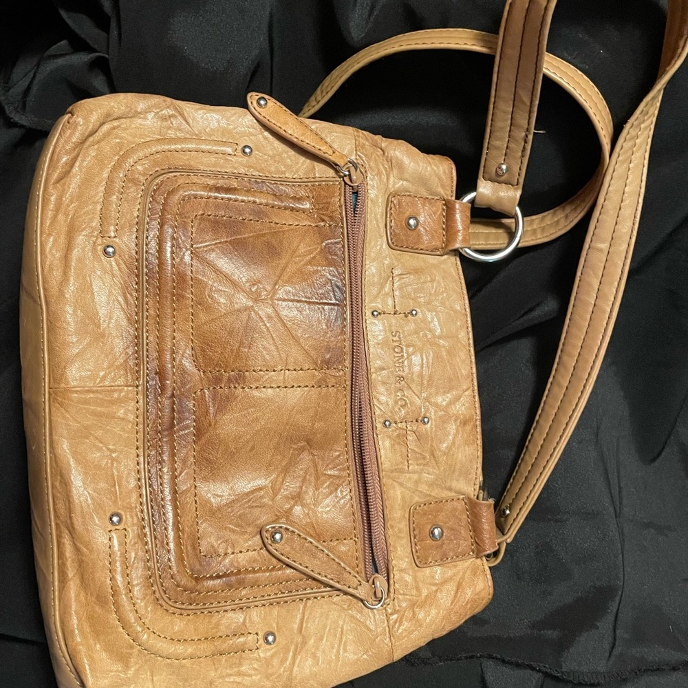 Tan Leather Shoulder Bag with Front Zip Pocket